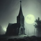 Gothic church under moonlit night with graves, eerie atmosphere