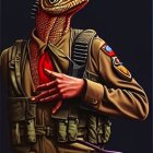 Lizard-headed humanoid in military uniform with visible heart, dark background