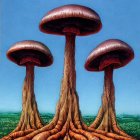 Three giant tree-like mushrooms against blue sky and green landscape