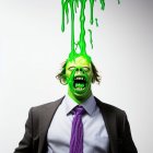 Businessperson in suit with grotesque green mask, mouth open, green and purple liquid.