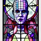 Colorful Stained Glass Background with Stylized Humanoid Figure
