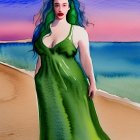 Watercolor painting of woman with green hair on beach at sunset