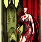 Stylized fantasy art of three female figures in gothic setting