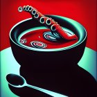 Surreal bowl with tentacle-like structure and spoon on red background
