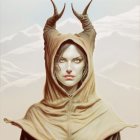 Woman with Striking Blue Eyes in Hood with Large Curving Horns