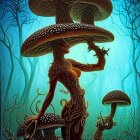 Illustration of humanoid tree figure with mushroom-like caps in misty forest