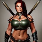 Female Warrior Digital Artwork: Fantasy Armor Design with Metal Breastplate, Bracers, and Dual Spears