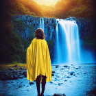 Person in Yellow Cloak Facing Majestic Waterfall at Sunset