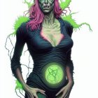 Female figure with green skin, glowing abdomen, pink hair, and neon green energy tendrils