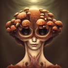 Surreal artwork: person with mushroom hair and eyes on warm backdrop
