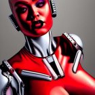 Red-skinned female android with futuristic headphones and glossy white & red mechanical body parts.