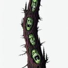 Sculpture depicting intertwined human faces on tree trunk branches
