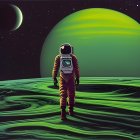 Astronaut on rocky surface with green planet and moons in background