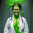 Scientist covered in green slime in laboratory setting