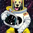Two dogs in astronaut suit with one face inside helmet and the other reflected on visor against starry