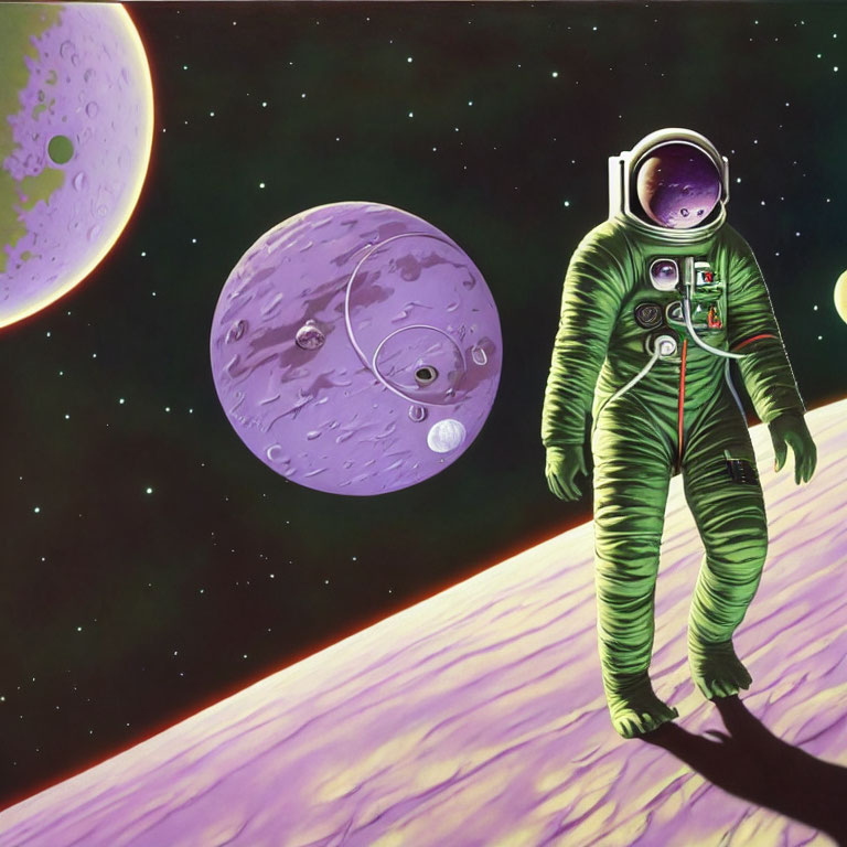 Astronaut in green spacesuit on alien landscape with two moons.