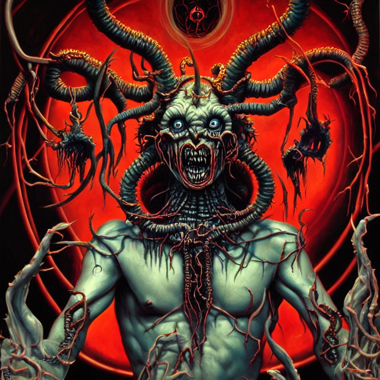 Grotesque demonic entity with multiple horns and sharp teeth on red backdrop