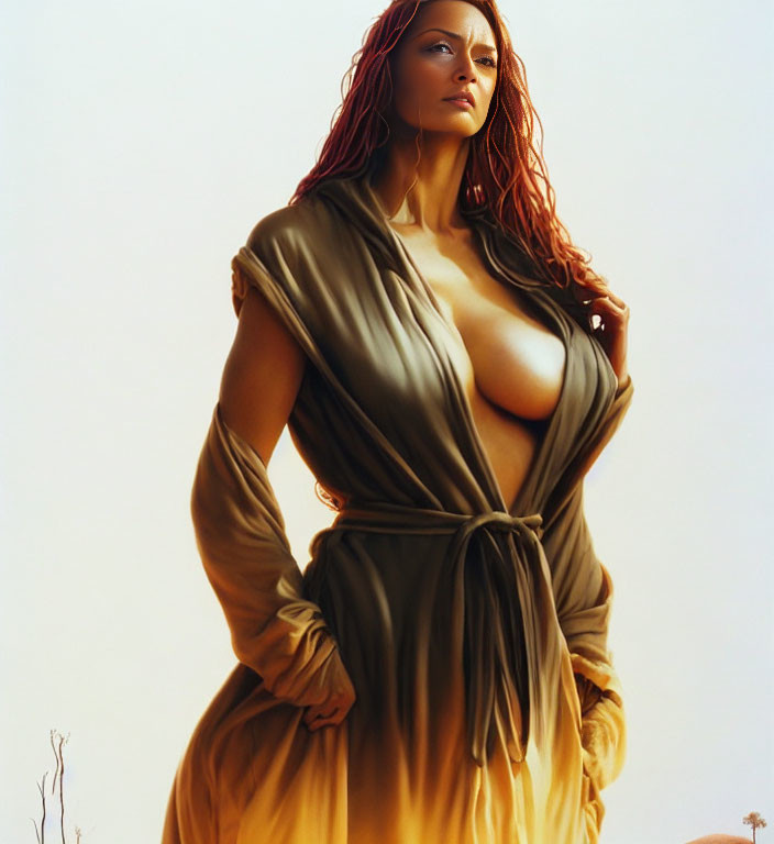 Digital artwork: Woman with red wavy hair in tan robe against pale sky