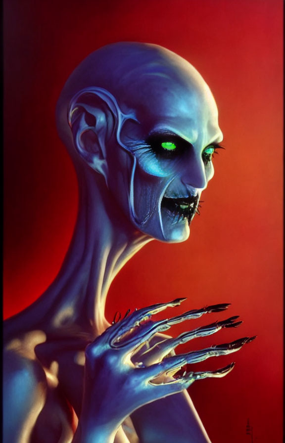 Sinister humanoid with bald head and green eyes on red background