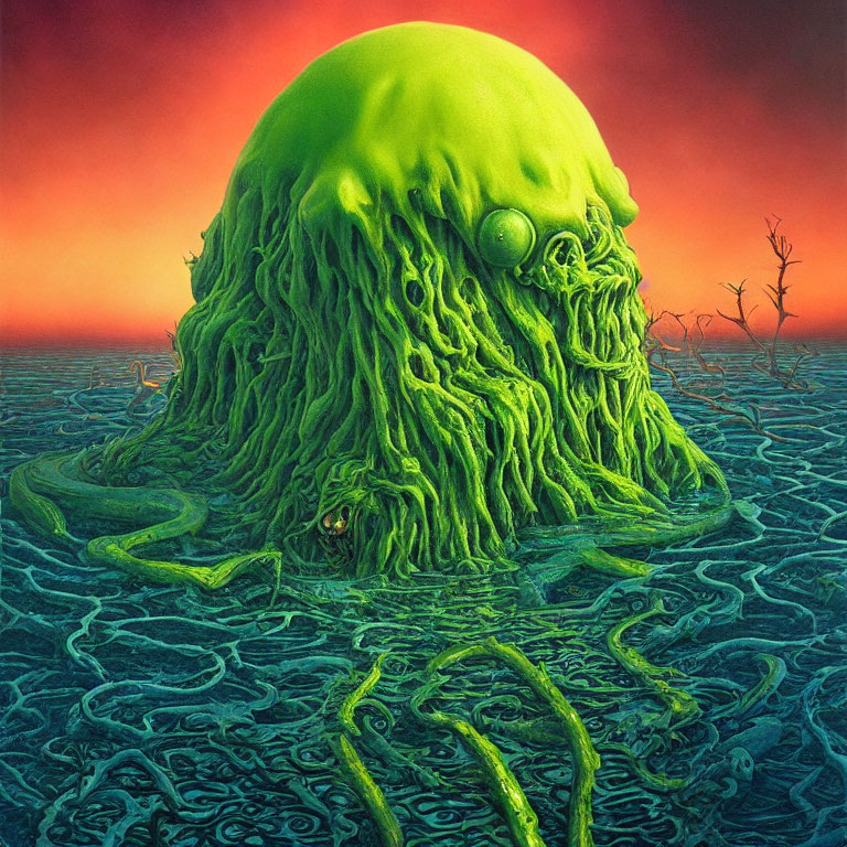 Surreal green blob with tentacles in water under red sky