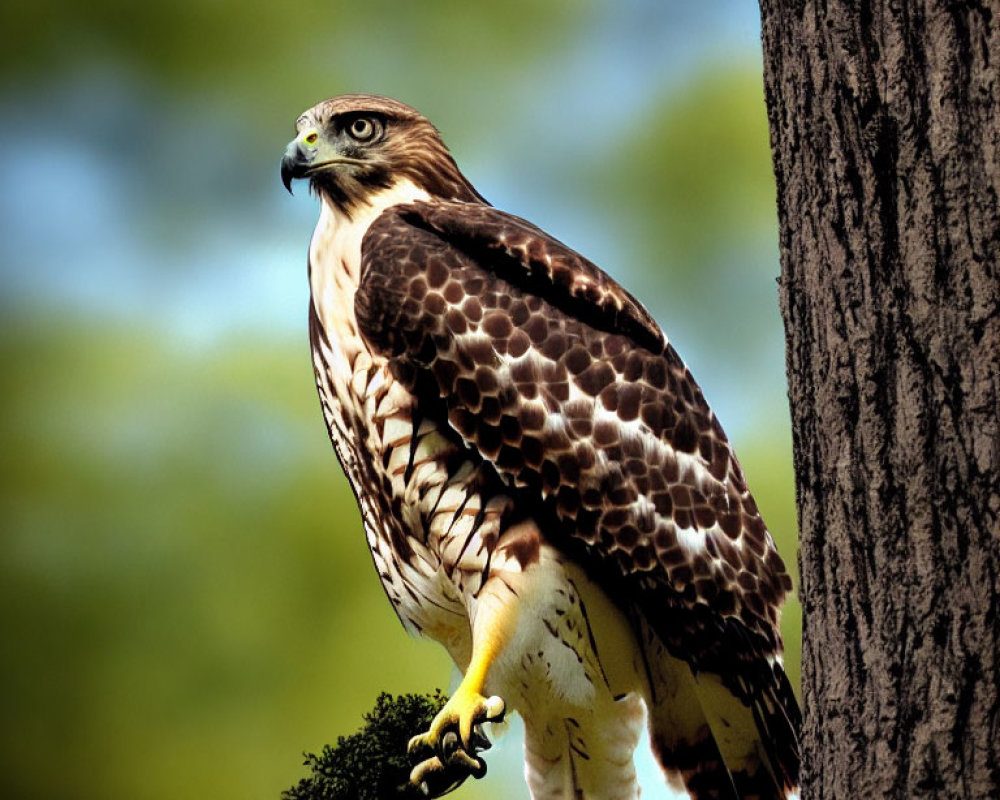 Majestic hawk perched on branch with sharp eyes and brown & white feathers