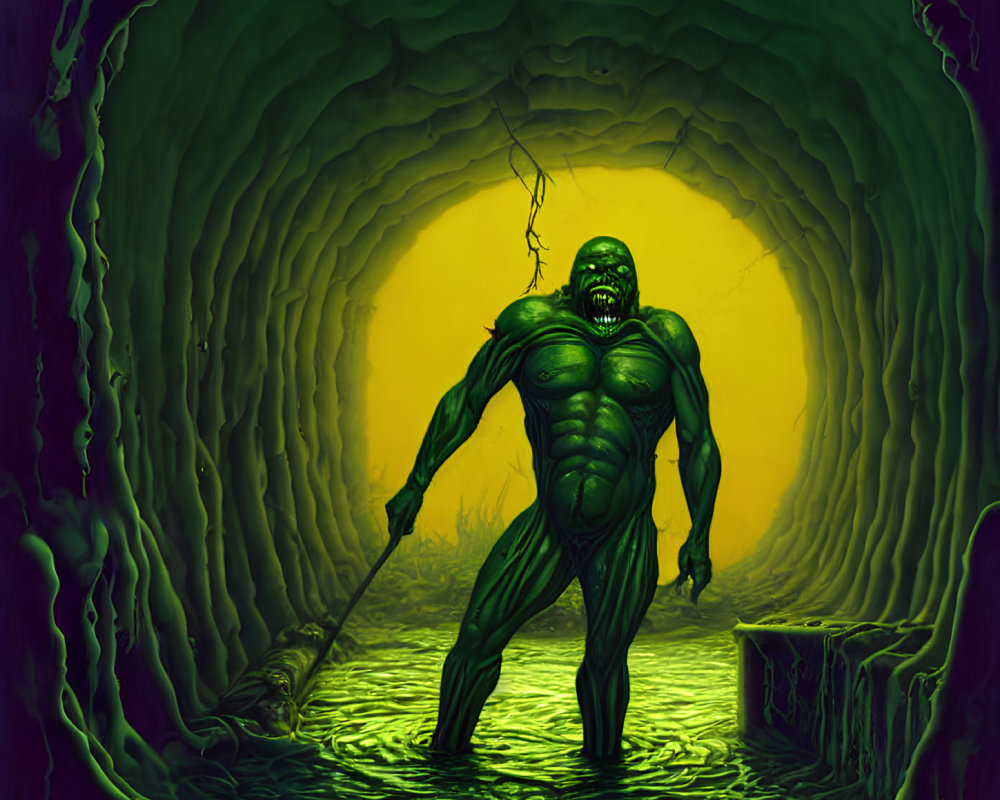 Muscular green creature in eerie cave-like tunnel with yellow glow