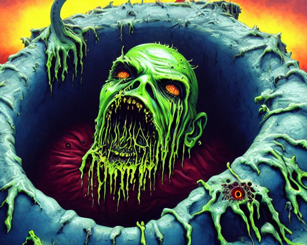 Detailed illustration of a green zombie face with red glowing eyes in a hollow, surrounded by slime.