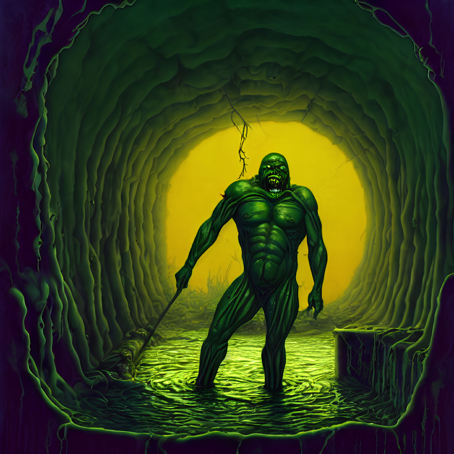 Muscular green creature in eerie cave-like tunnel with yellow glow