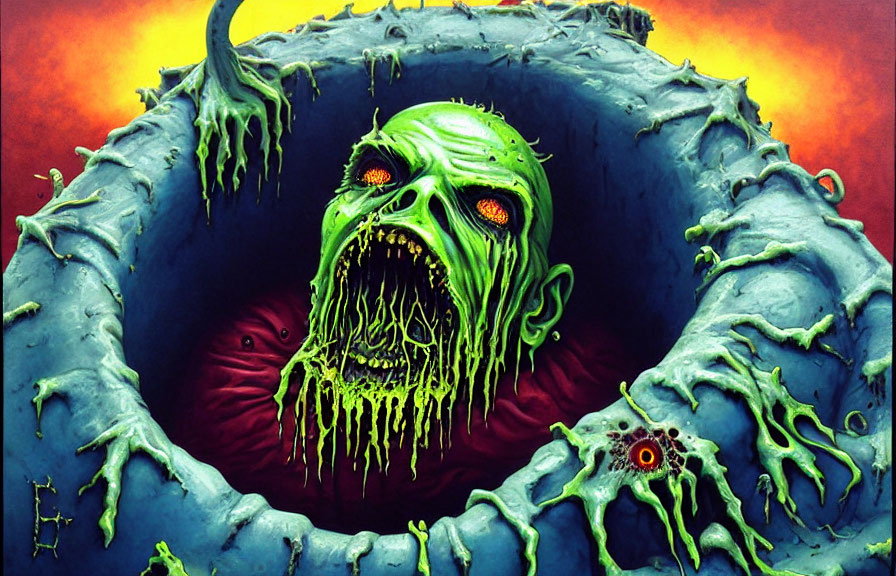 Detailed illustration of a green zombie face with red glowing eyes in a hollow, surrounded by slime.