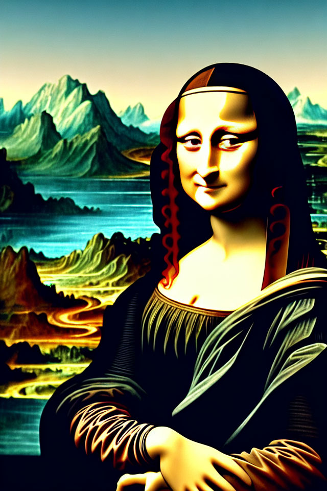 Colorful Mona Lisa Portrait in Surreal Landscape