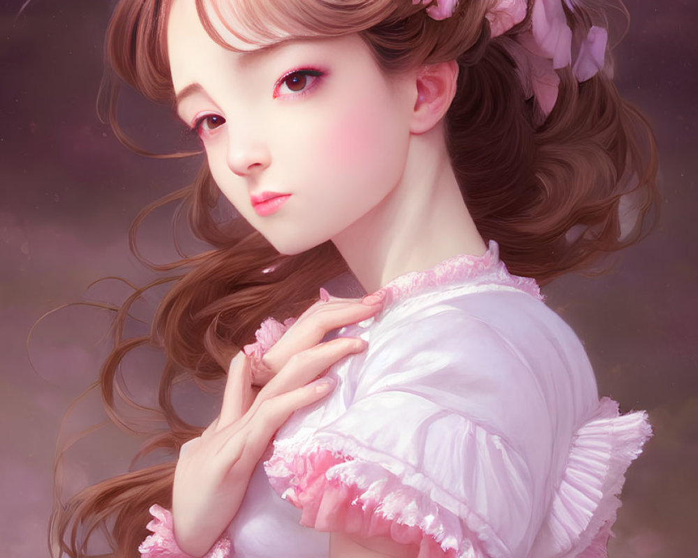 Illustrated female character with large eyes and wavy hair in pink flower-adorned dress on star