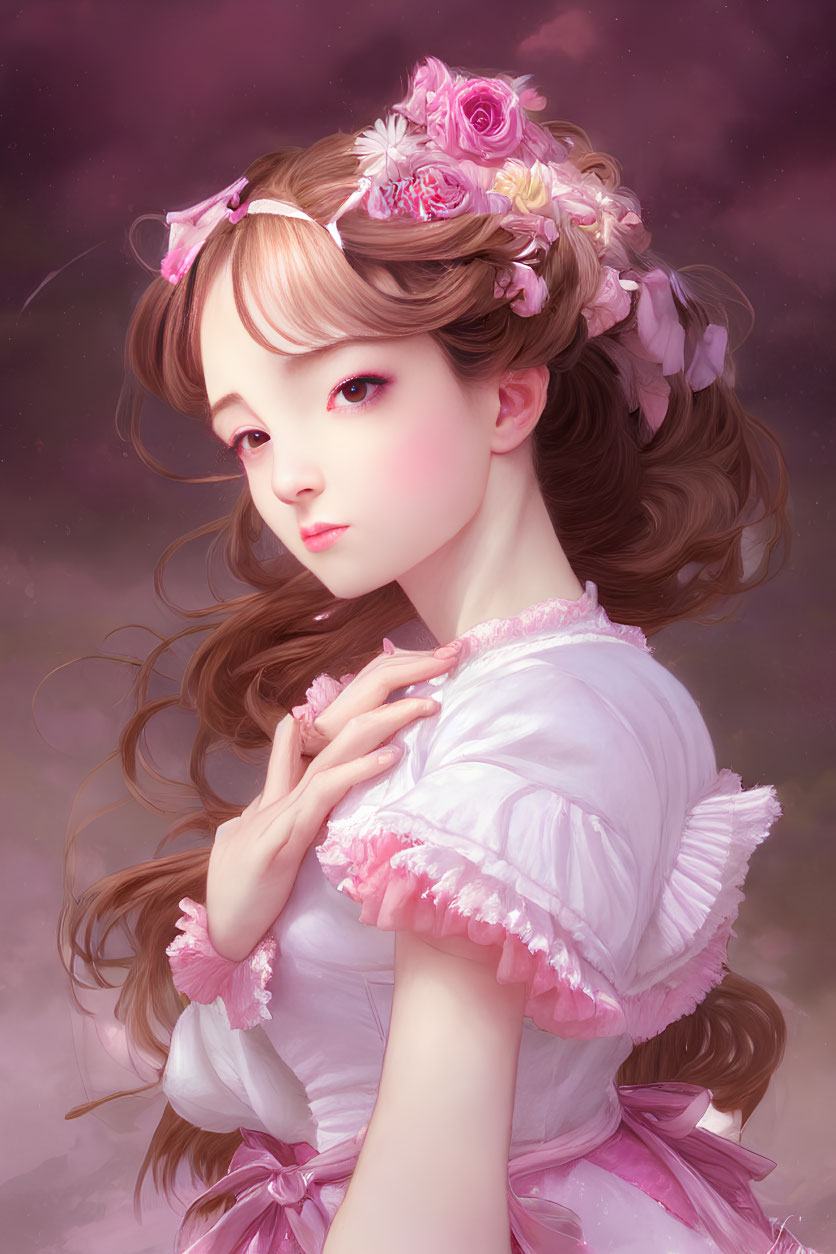 Illustrated female character with large eyes and wavy hair in pink flower-adorned dress on star