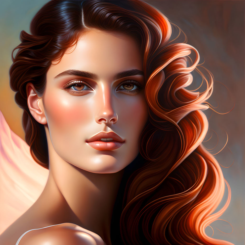 Woman with flowing red hair and striking eyes on warm background