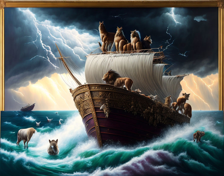 Animals on Large Ship in Stormy Seas with Lightning and Swimming Animals