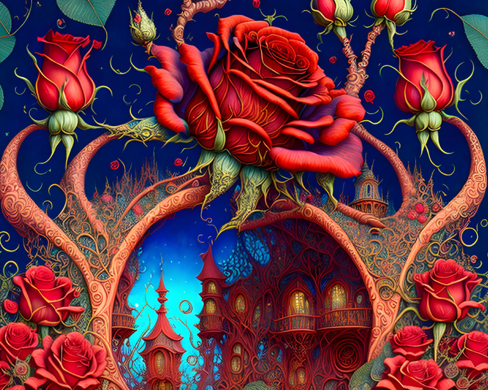 Detailed Fantasy Illustration: Red Roses, Golden Arches, Castle, Starry Sky
