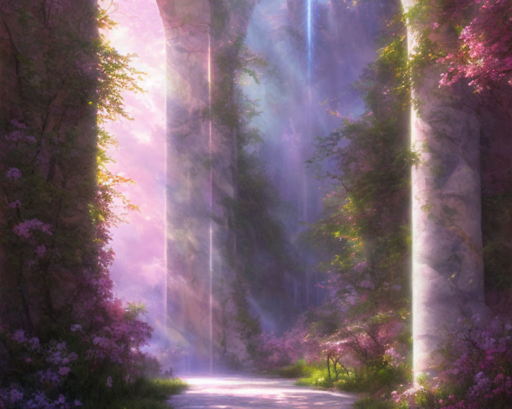 Majestic arches and pink trees in misty forest scene