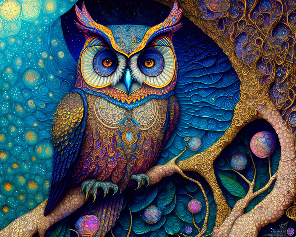 Colorful Owl Illustration on Branch with Psychedelic Background