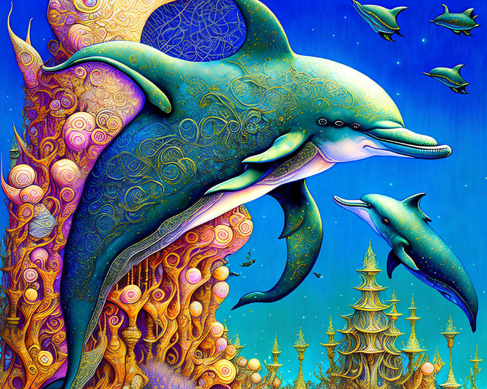 Colorful Stylized Dolphins Swimming Above Vibrant Coral Reef