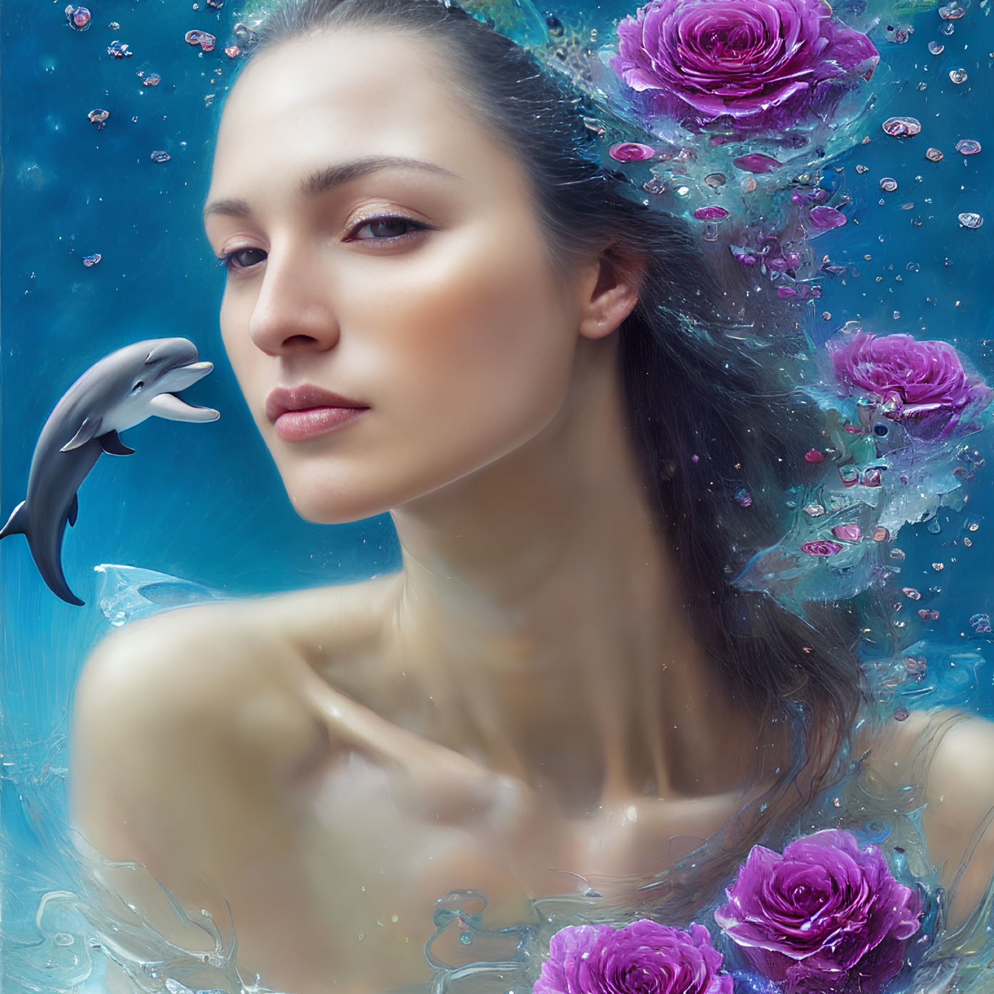 Woman Submerged in Water with Pink Roses and Dolphin in Dreamlike Scene