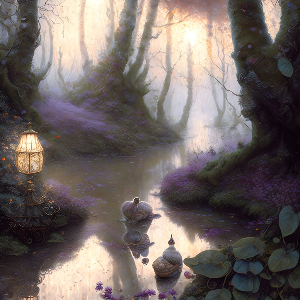 Tranquil forest glade with lantern, ducks, pond, purple flowers, moss-covered trees