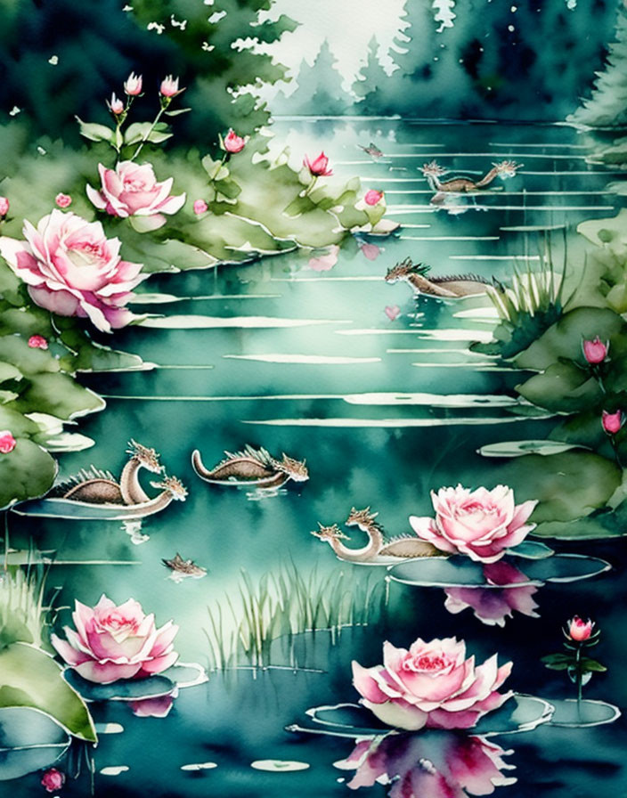 Ethereal watercolor painting of serene pond with lotus flowers and koi fish