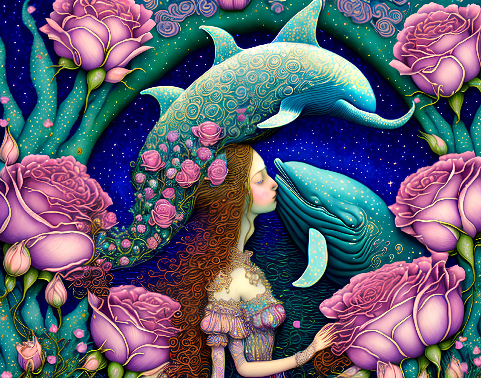 Illustration of Woman with Floral Motifs, Roses, Whales, and Starry Sky