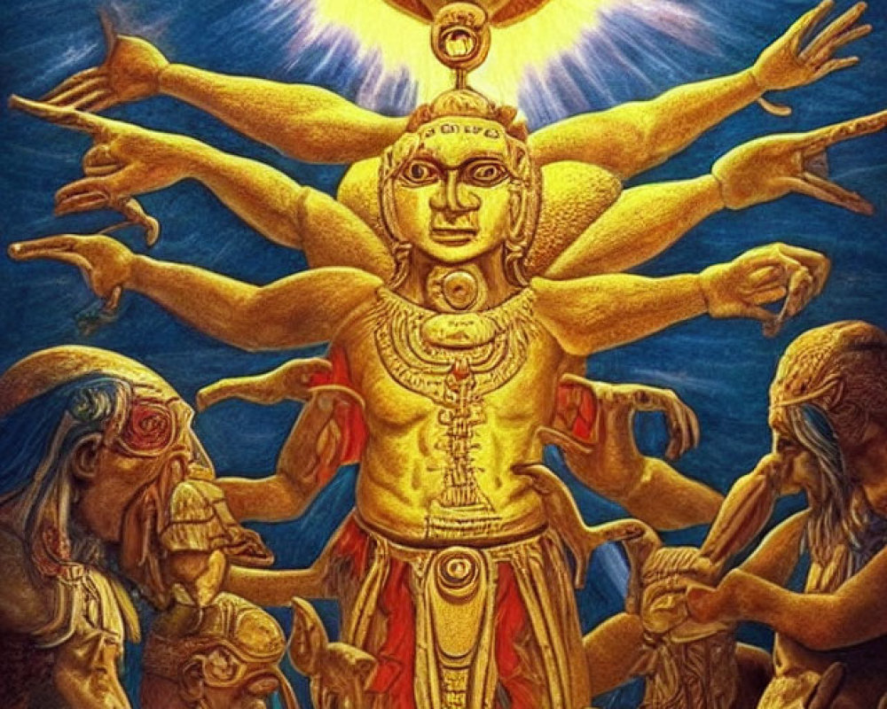 Golden multi-armed figure with halo in celestial setting surrounded by awed individuals