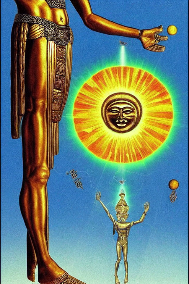 Surreal artwork: giant golden figure, small floating person, anthropomorphic sun, planets