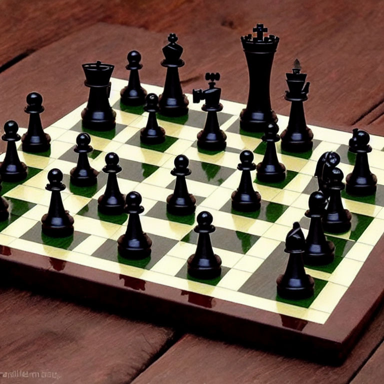 Chessboard with black pieces on wooden surface - New Game Setup