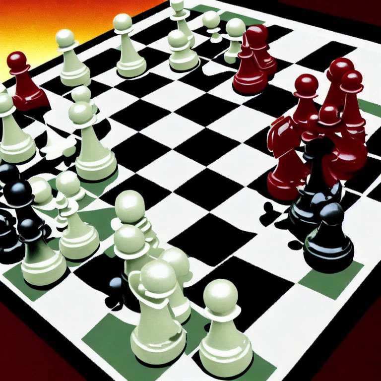 Dynamic 3D Chessboard Illustration with White and Red Pieces