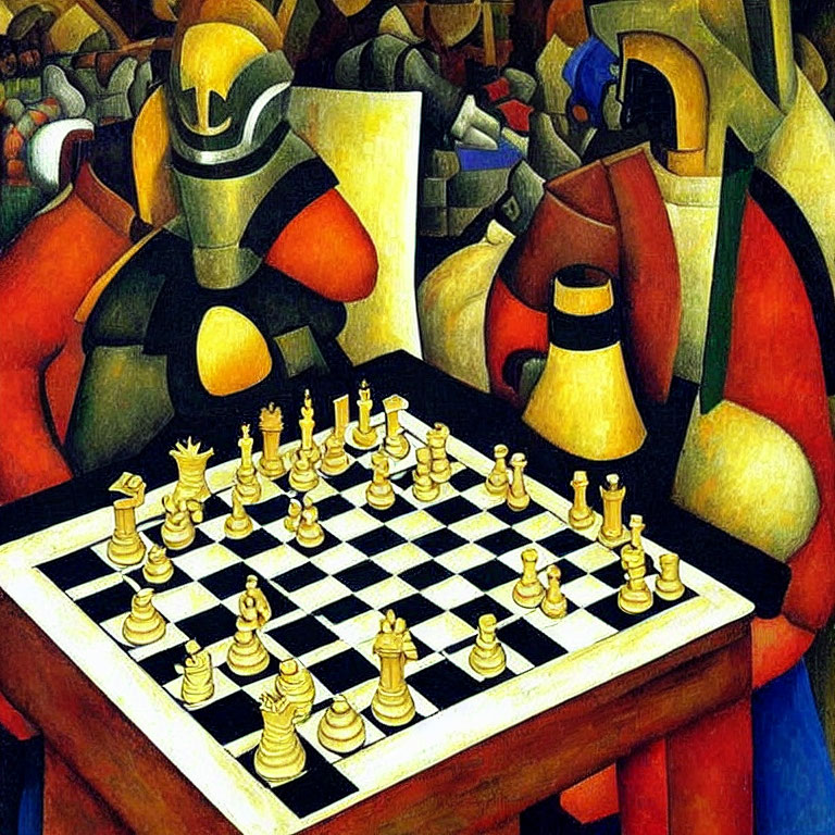 Vibrant Cubist painting of chessboard mid-game with abstract shapes