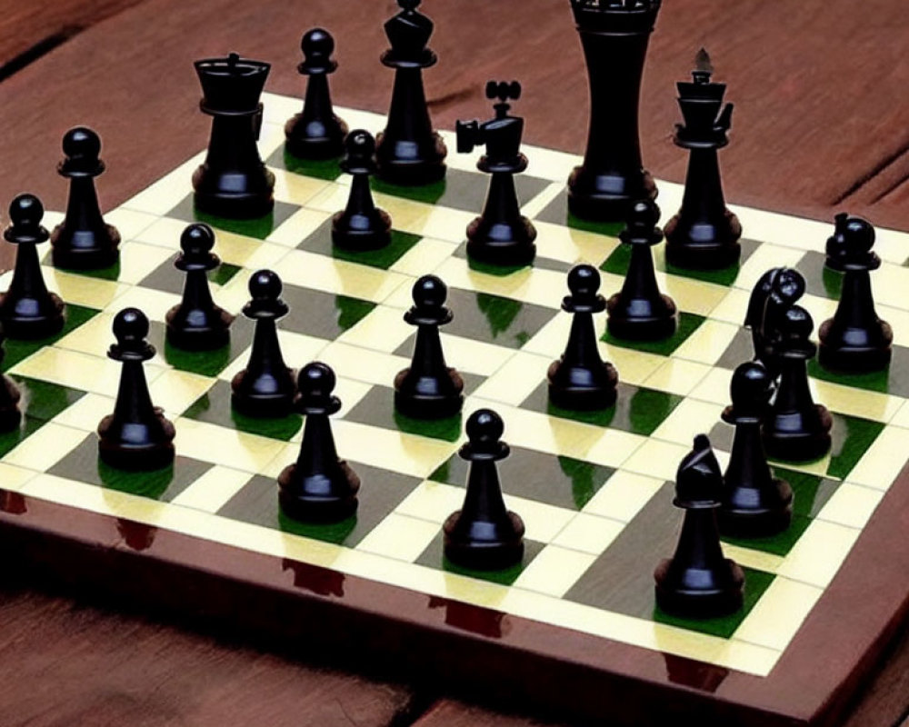 Chessboard with black pieces on wooden surface - New Game Setup