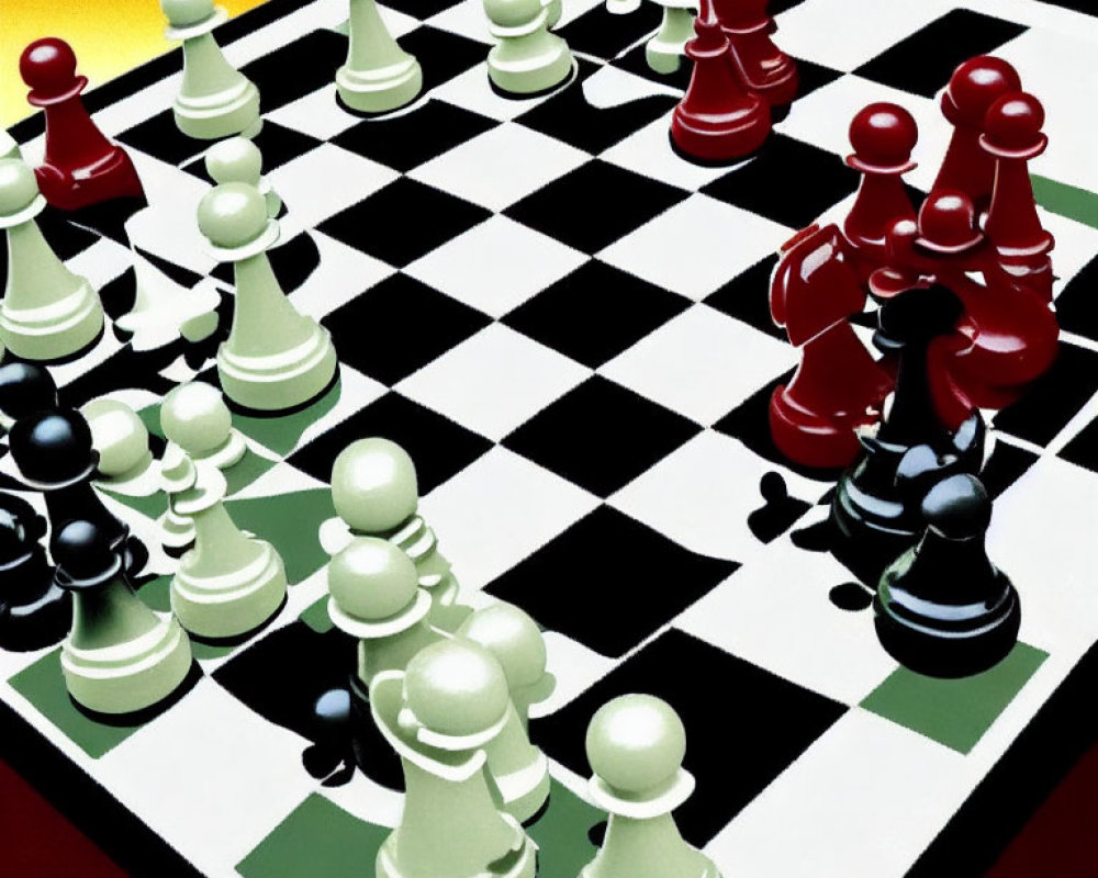 Dynamic 3D Chessboard Illustration with White and Red Pieces