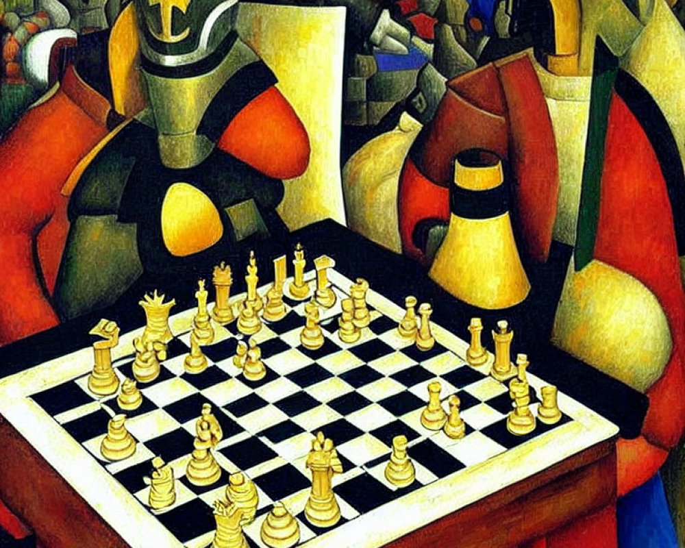 Vibrant Cubist painting of chessboard mid-game with abstract shapes